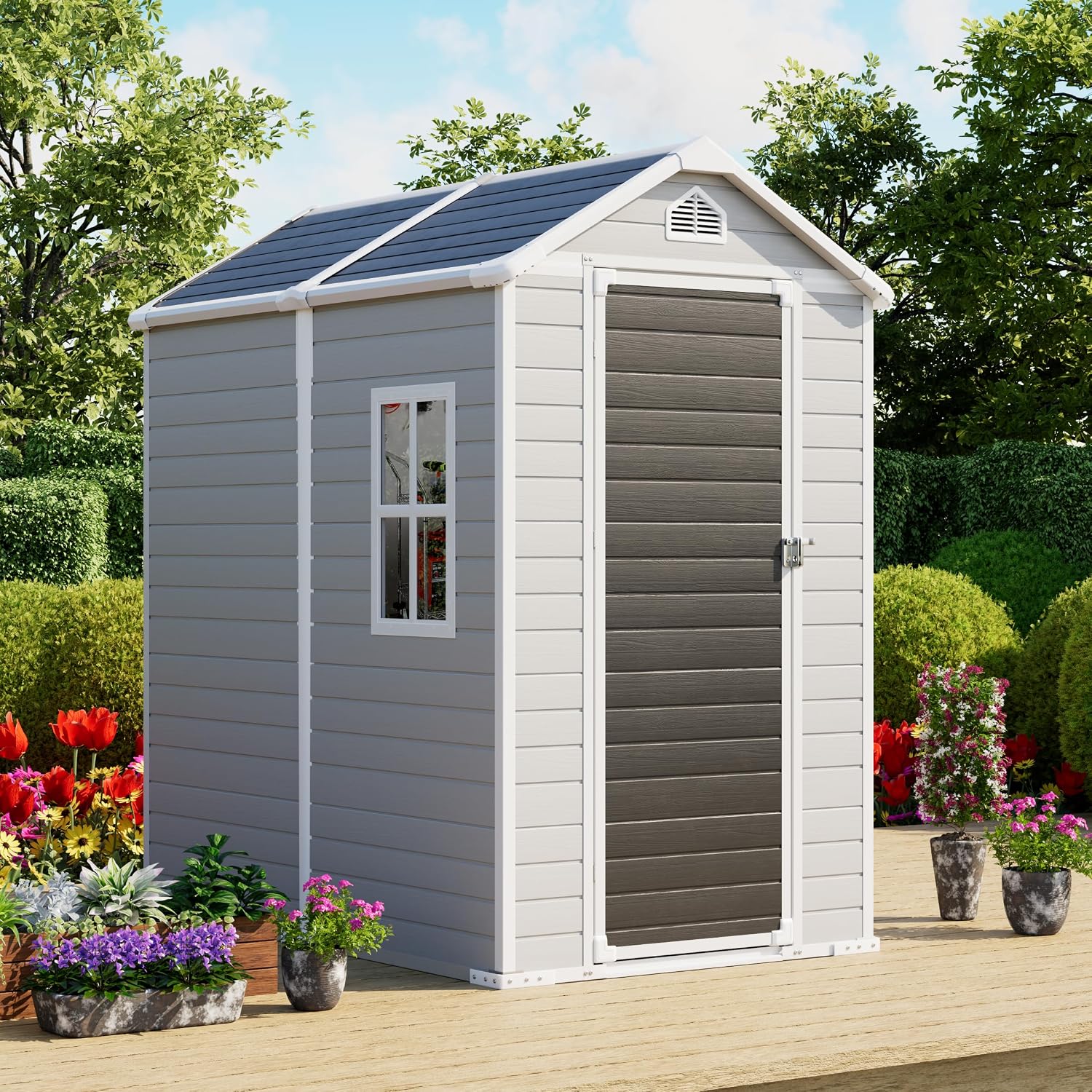 4x6 FT Outdoor Resin Storage Shed with Floor, Upgraded 21-Gauge Steel Frame & 16mm Ultra-Thick Double-Layer Panels, Compact Garden Tool House with Flexible Window & Lockable Door for Patio, Backyard