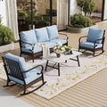 SUNSHINE VALLEY 4 PCS Metal Outdoor Patio Furniture Set, Patio Conversation Sets 1 3-Seater Sofa, 2 Rocking Chairs with 5.75' Extra Thick Cushion & Coffee Table, Black Frame Backyard Furniture, Blue