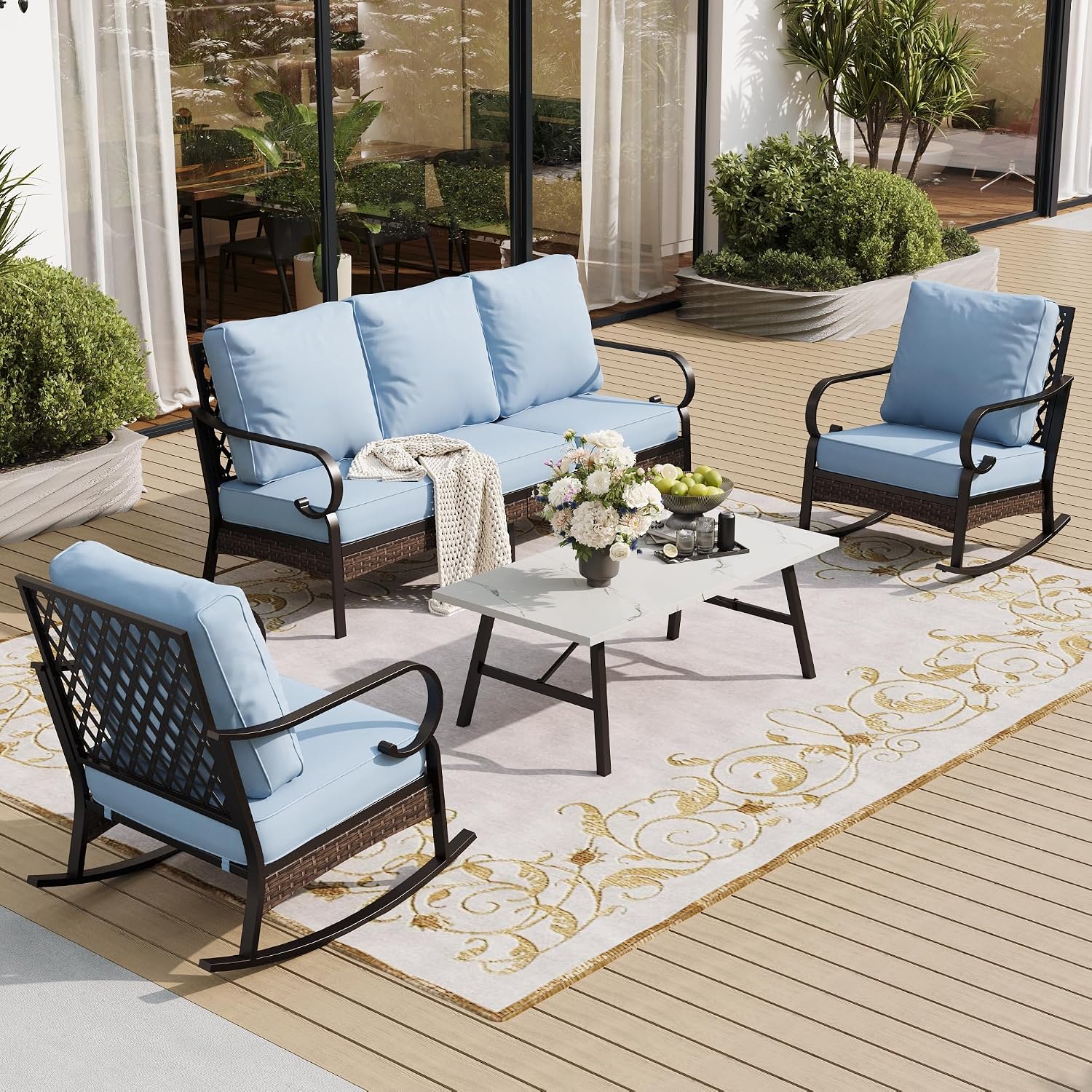 SUNSHINE VALLEY 4 PCS Metal Outdoor Patio Furniture Set, Patio Conversation Sets 1 3-Seater Sofa, 2 Rocking Chairs with 5.75' Extra Thick Cushion & Coffee Table, Black Frame Backyard Furniture, Blue