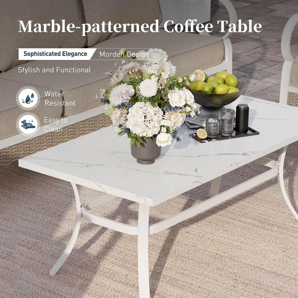 SUNSHINE VALLEY 4 Piece Metal Outdoor Patio Furniture Sets, Patio Conversation Sets 1 2-Seater Sofa, 2 Single Sofa with 5.75' Thick Cushion and Coffee Table, White Frame Backyard Furniture, Beige