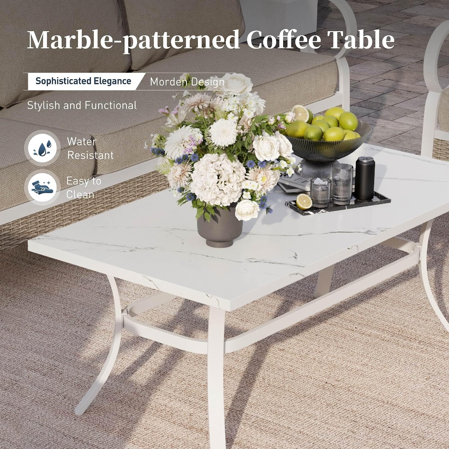 SUNSHINE VALLEY 4 Piece Metal Outdoor Patio Furniture Sets, Patio Conversation Sets 1 2-Seater Sofa, 2 Single Sofa with 5.75' Thick Cushion and Coffee Table, White Frame Backyard Furniture, Beige