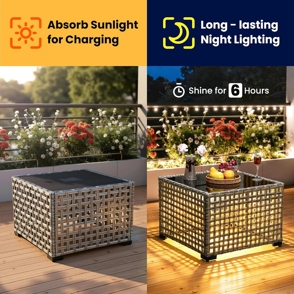 ovios Outdoor Side Table with Tempered Glass Top, Patio Wicker Rattan Solar Lights Tables for All-Weather Porch Deck Balcony Garden Poolside (Mixed Brown-Medium Size)