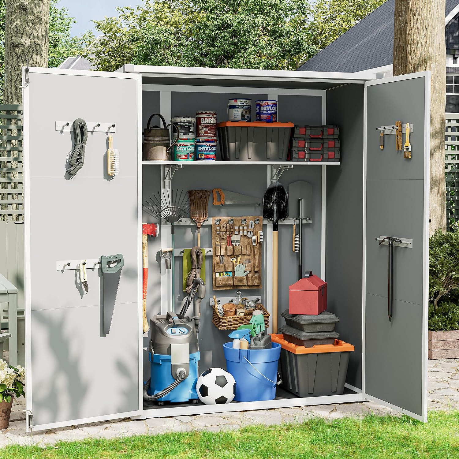 UDPATIO 38 Cu.ft Outdoor Resin Storage Shed, Vertical Tool Shed with Shelving Brackets for Patio Pool Lawn Garden, Grey