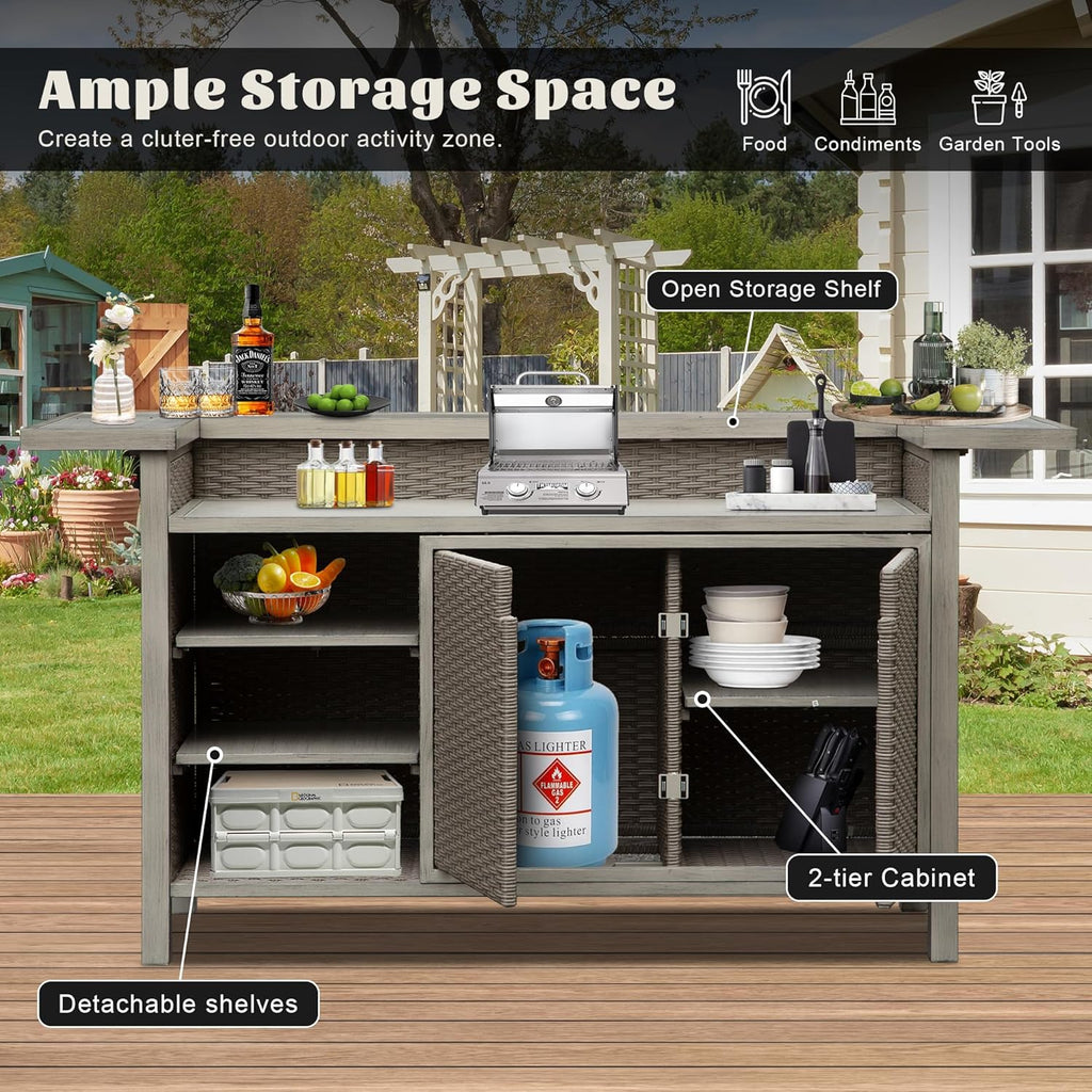 Domi Outdoor Kitchen Bar, Hand-Made Wicker Freestanding Island Home Bar Unit w/Storage Cabinets, Adjustable Shelves, Umbrella Hole, Premium Aluminum Frame, for Patio, Kitchen