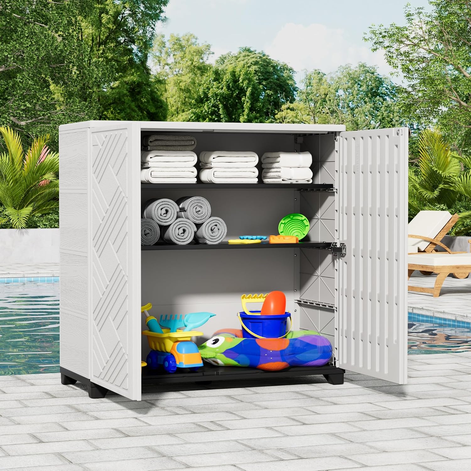 KINYING Outdoor Storage Cabinet Waterproof, 60 Gallon Resin Outdoor Storage Shed for Patio/Garden/Backyard, Outdoor Storage Box for Cushions,Garden Tools and Pool Supplies(White with 1 Shelving)