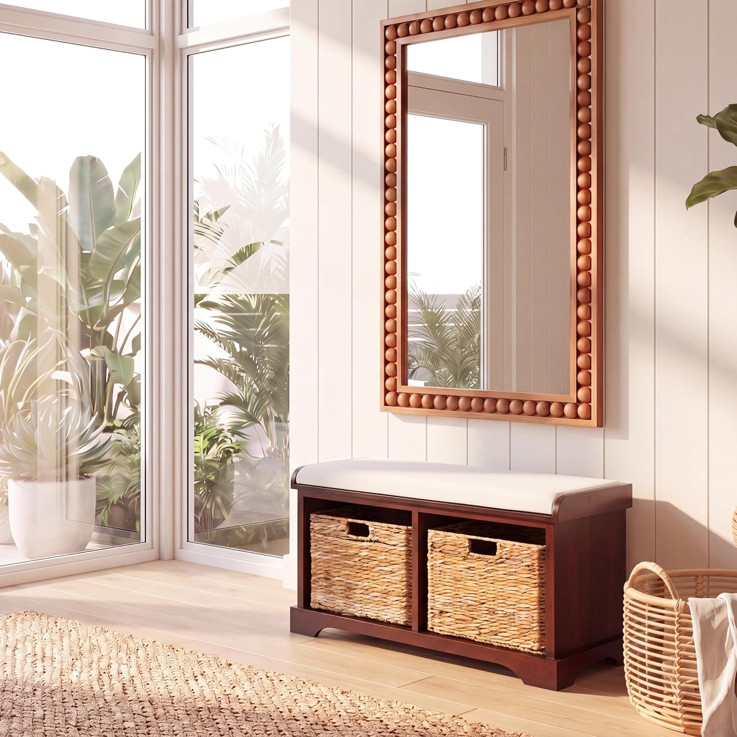 SAFAVIEH Home Collection – Freddy Cherry Storage Bench with Wicker Baskets & Cushion, Entryway Seating Bench, Fully Assembled (AMH5736E)