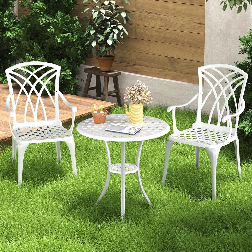 Patio Bistro Set 3 Piece, Cast Aluminum Bistro Set for 2 w/Umbrella Hole, Outdoor Table and Chairs Set of 2, Bistro Set for Balcony/Backyard/Garden, White
