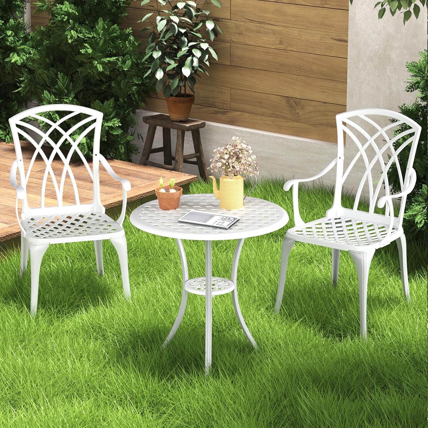 Patio Bistro Set 3 Piece, Cast Aluminum Bistro Set for 2 w/Umbrella Hole, Outdoor Table and Chairs Set of 2, Bistro Set for Balcony/Backyard/Garden, White