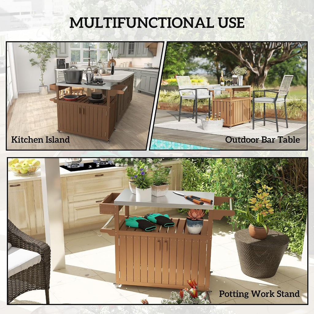 Outsunny Outdoor Bar Cart with Storage Cabinet, Stainless Steel Top Kitchen Island on Wheels, HDPE Outdoor Bar Table, Movable Patio Beverage Food Prep Table for BBQ Picnic, Brown