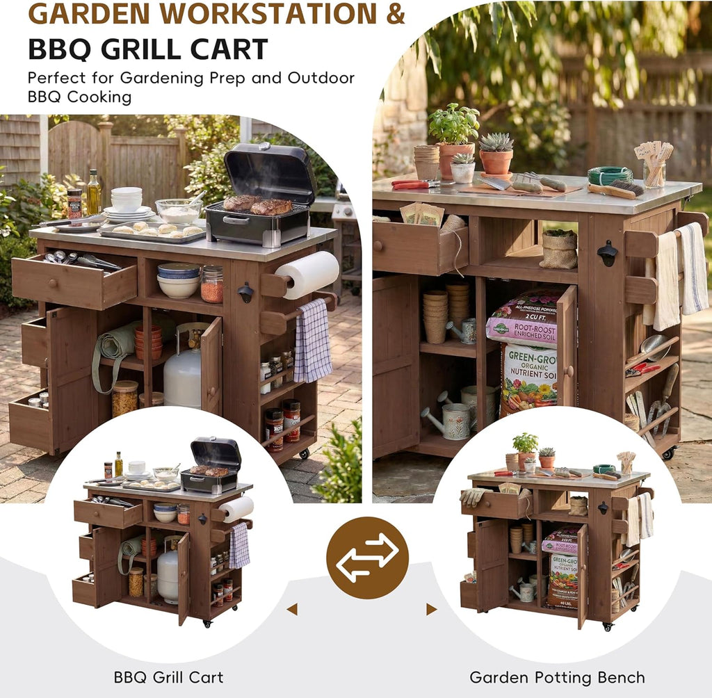 LUMISOL 4-Piece Outdoor Rolling Kitchen Island with Sink and Faucet, Grill Table with Movable Shelves and 2 Drawers, Garden Potting Bench Table with Stainless Table Top, for Patio Backyard, Brown
