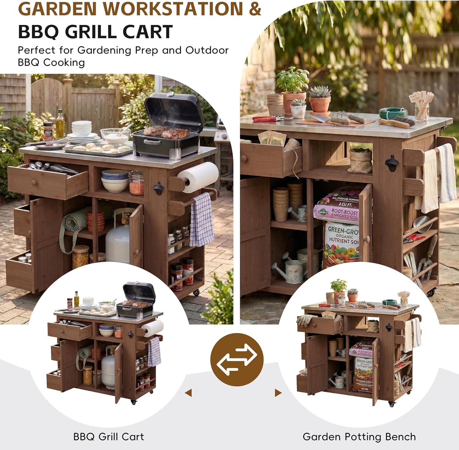 LUMISOL 4-Piece Outdoor Rolling Kitchen Island with Sink and Faucet, Grill Table with Movable Shelves and 2 Drawers, Garden Potting Bench Table with Stainless Table Top, for Patio Backyard, Brown
