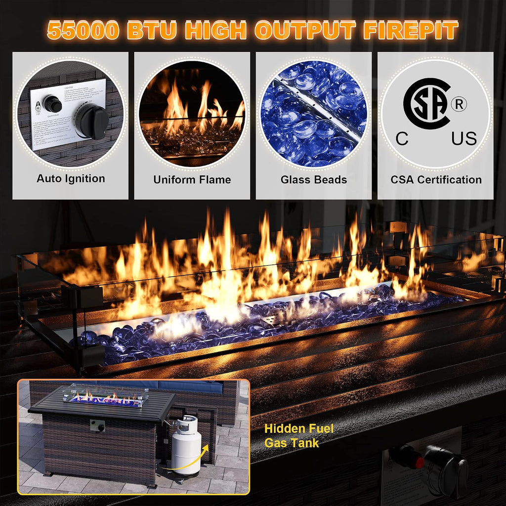 Kurapika 11 Pieces Patio Furniture Set, Rattan Wicker Outdoor Conversation Sets w/43in Propane Fire Pit Table and 4 Inch Cushion(Navy Blue)