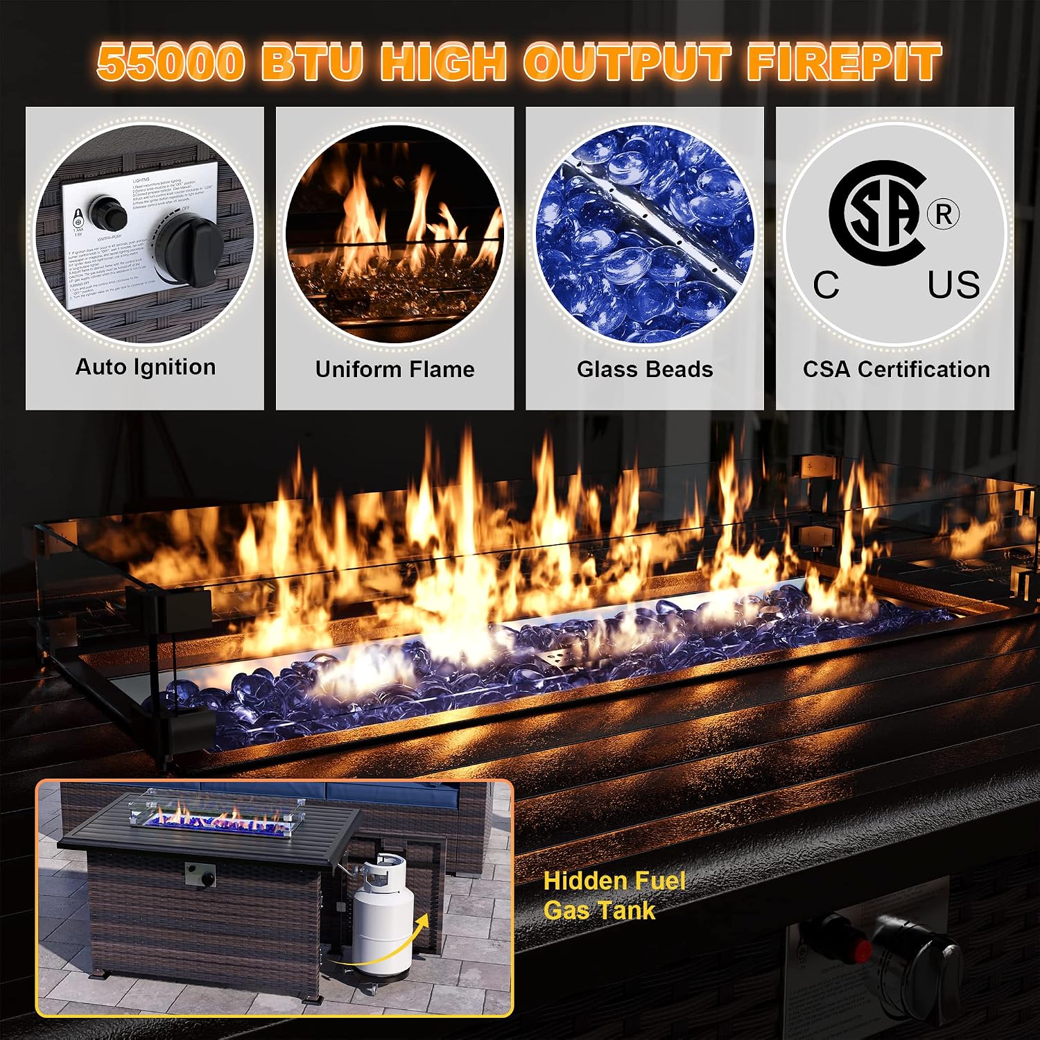 Kurapika 11 Pieces Patio Furniture Set, Rattan Wicker Outdoor Conversation Sets w/43in Propane Fire Pit Table and 4 Inch Cushion(Navy Blue)