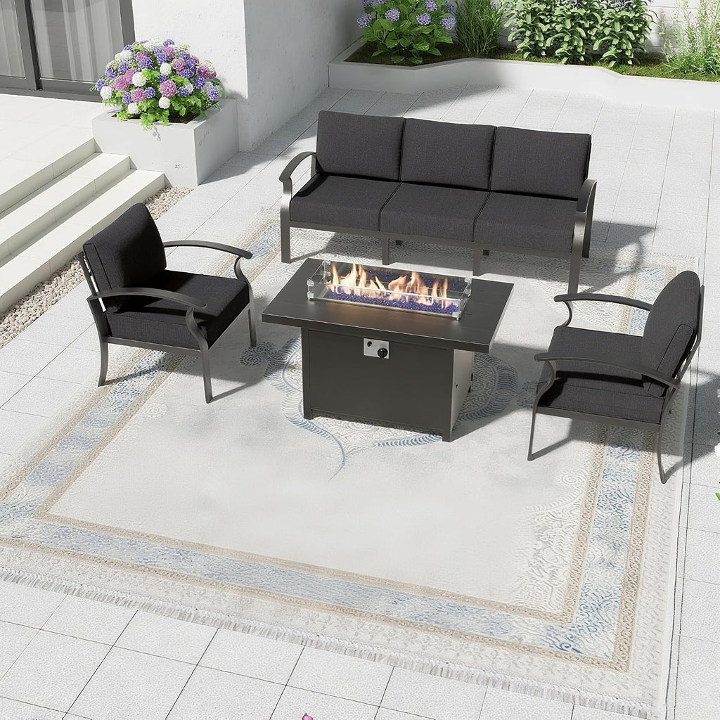 Aluminum Patio Furniture Set with 55,000 BTU Propane Fire Pit Table,5 Seats Metal Modern Outdoor Furniture w/5.1' Cushions,Patio Sectional for Backyard,Patio,Black