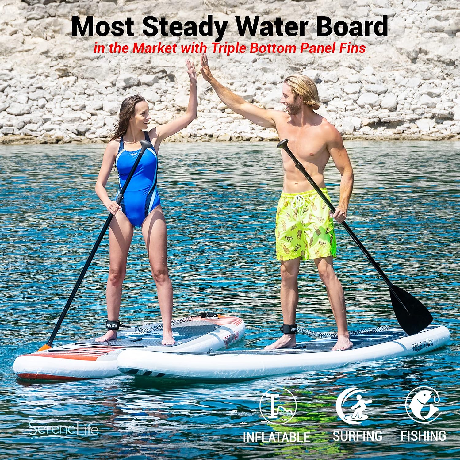 SereneLife Inflatable Stand Up Paddle Board and Detachable Seat - SUP Paddleboard Set for Adults and Youth, 32' Wide Design with Non-Slip EVA Deck Pad and Marine-Grade Materials, 350 lbs Capacity