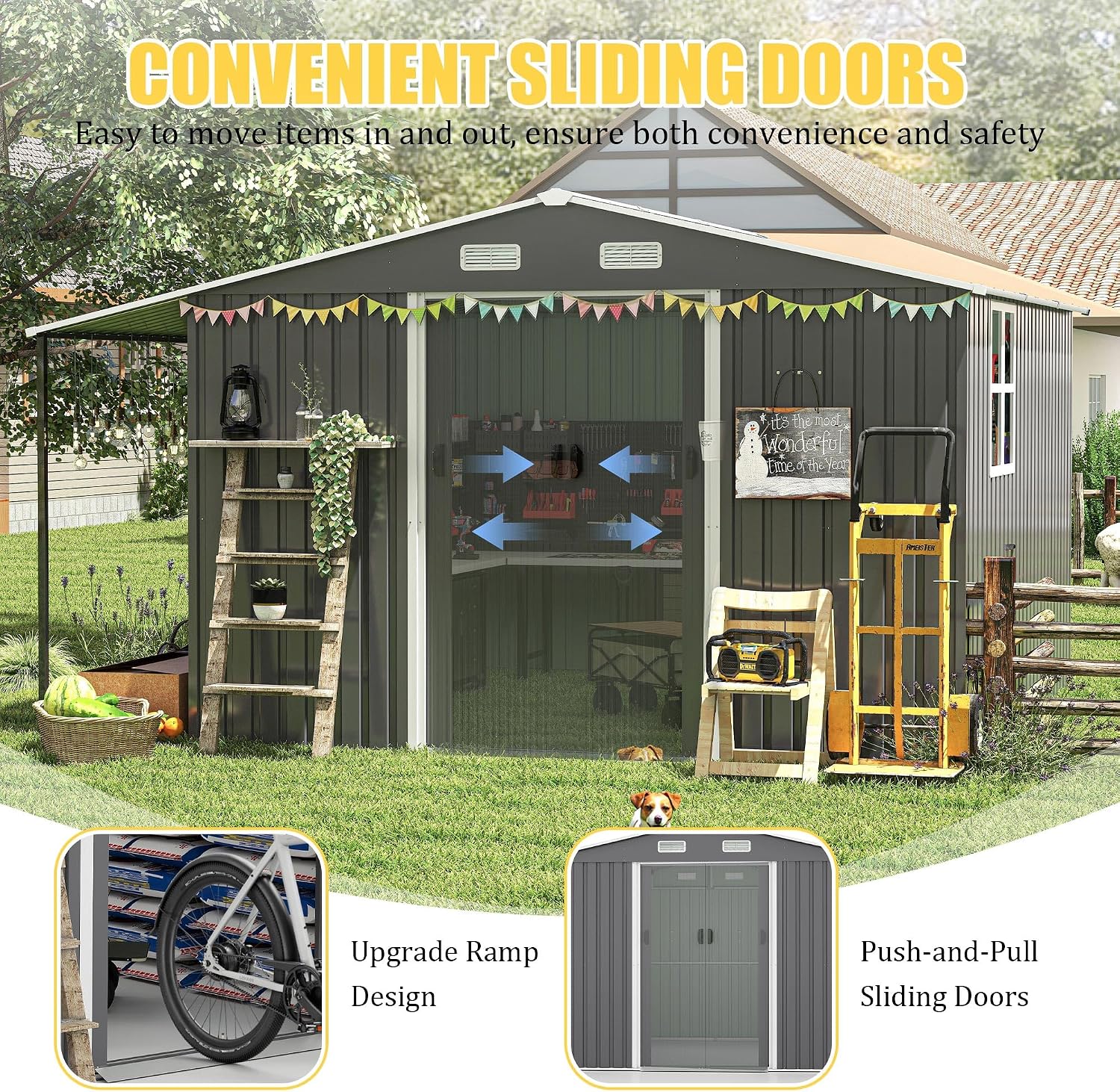 10x12 ft Metal Storage Shed with Open Firewood Bay, Steel Outdoor Storage Shed with Window and Lockable Doors, Extra Large Tool Sheds House with Vents, for Garden, Backyard, Patio, Dark Gray