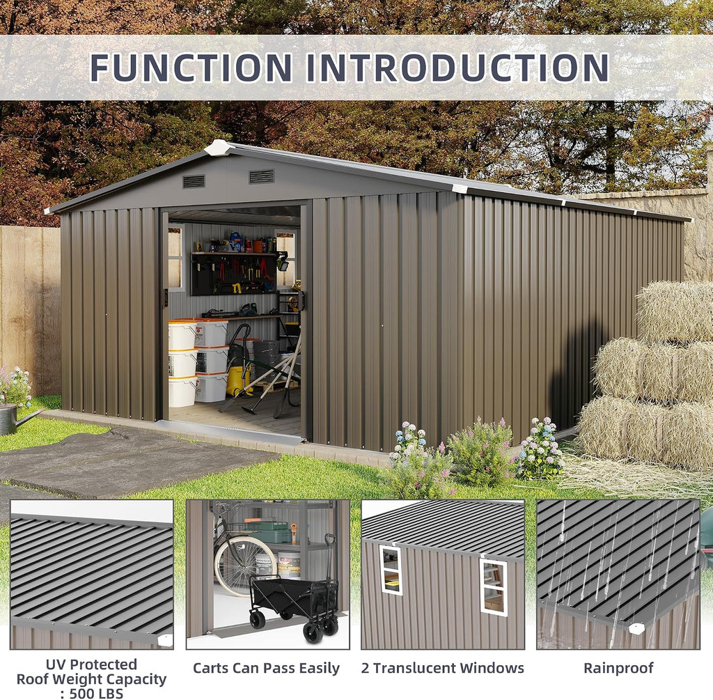 KEIKI 10x12 FT Metal Garden Storage Shed with Foundation Kit, Double Door Outdoor Tool Shed with 2 Windows, Color Steel Construction, Tool Shed for Lawn Equipment, Bikes, Trash Cans, Brown