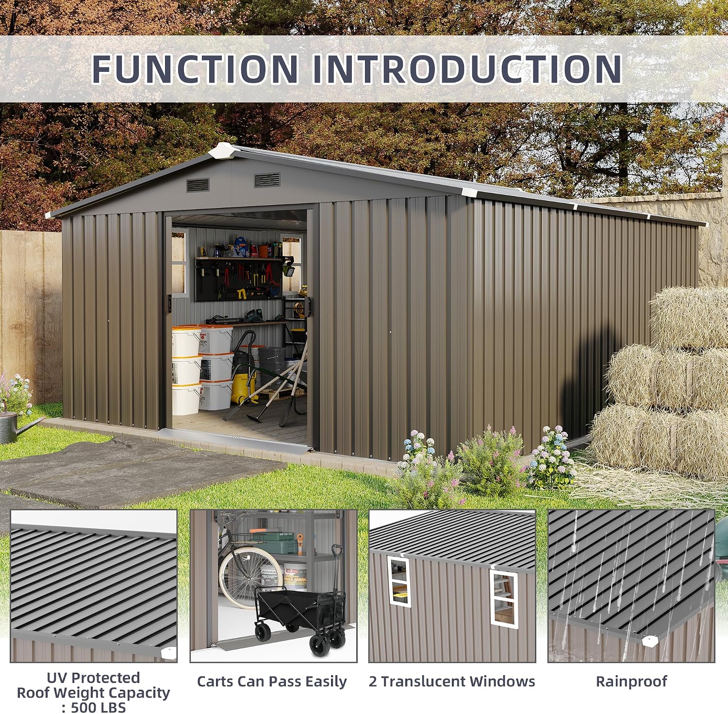 KEIKI 10x12 FT Metal Garden Storage Shed with Foundation Kit, Double Door Outdoor Tool Shed with 2 Windows, Color Steel Construction, Tool Shed for Lawn Equipment, Bikes, Trash Cans, Brown