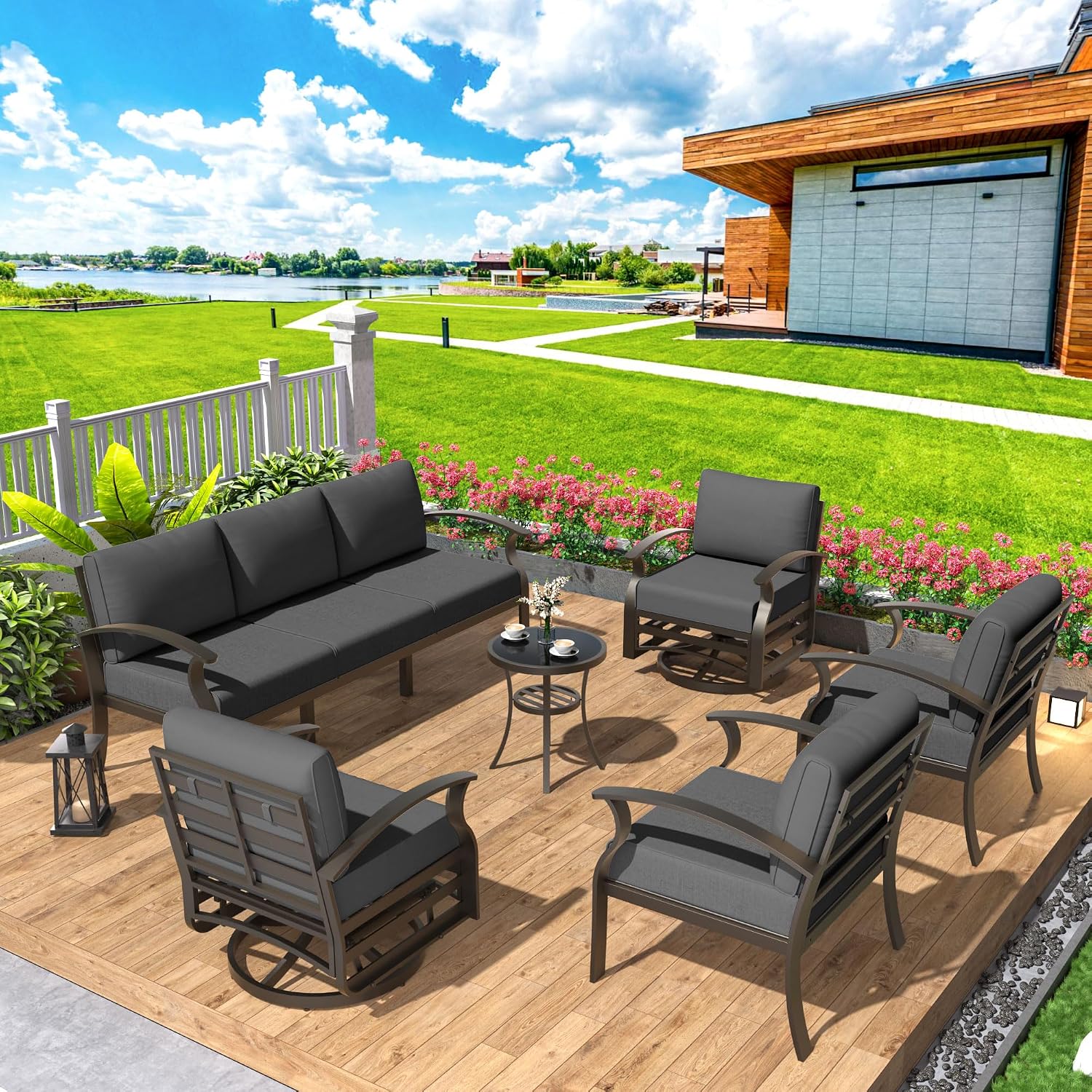 Aluminum Patio Furniture Set Patio Conversation Set,7 Seats Metal Modern Outdoor Furniture w/5.1' Cushions,Patio Sectional w/Swivel Chairs for Patio,Backyard,Grey
