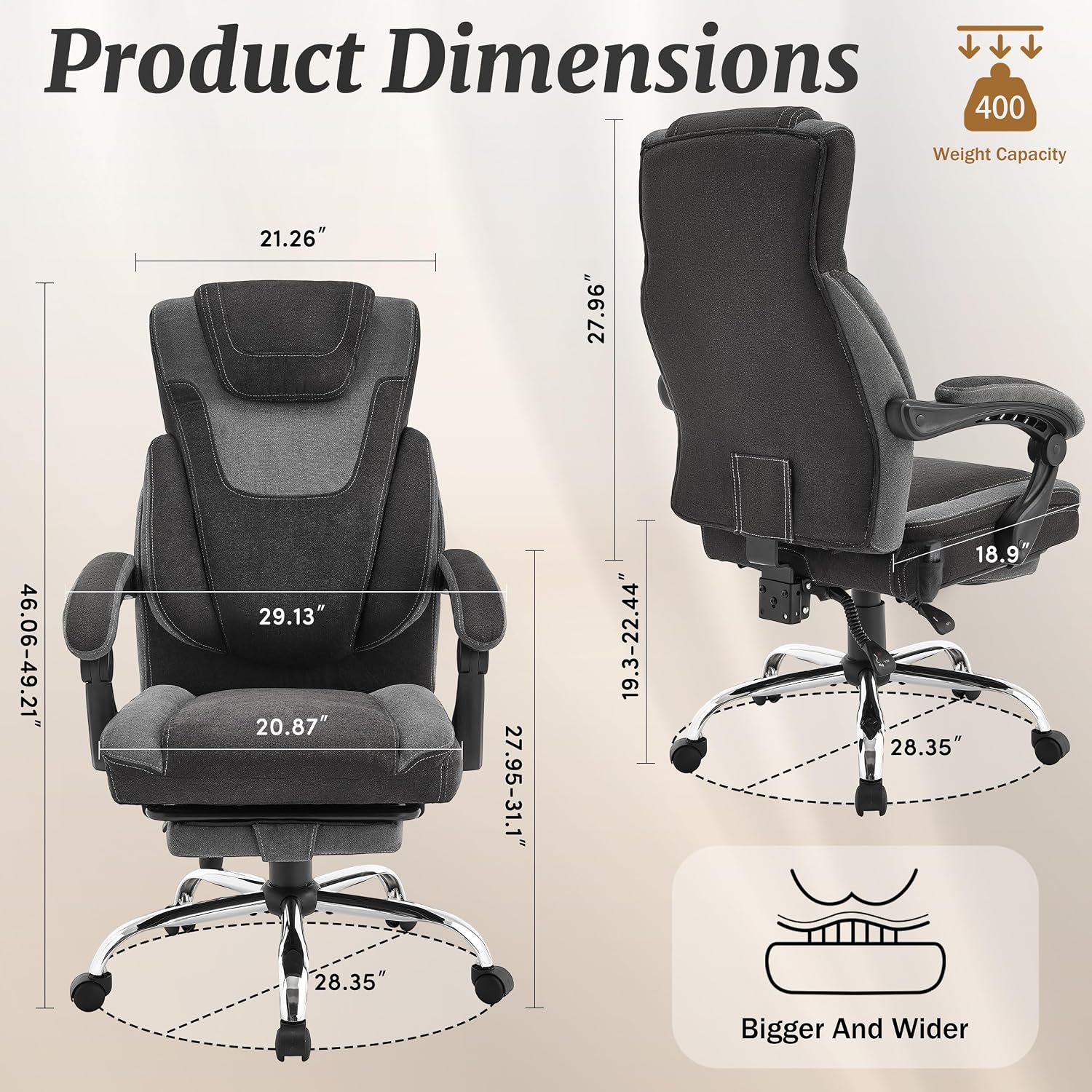 Massage Office Chair with Foot Rest,6-Point Vibration & Heat Reclining Computer Chair,Big and Tall Fabric Office Chair for Heavy People,Ergonomic Executive Desk Chair,Thick Cushion,High Back,BlackGrey