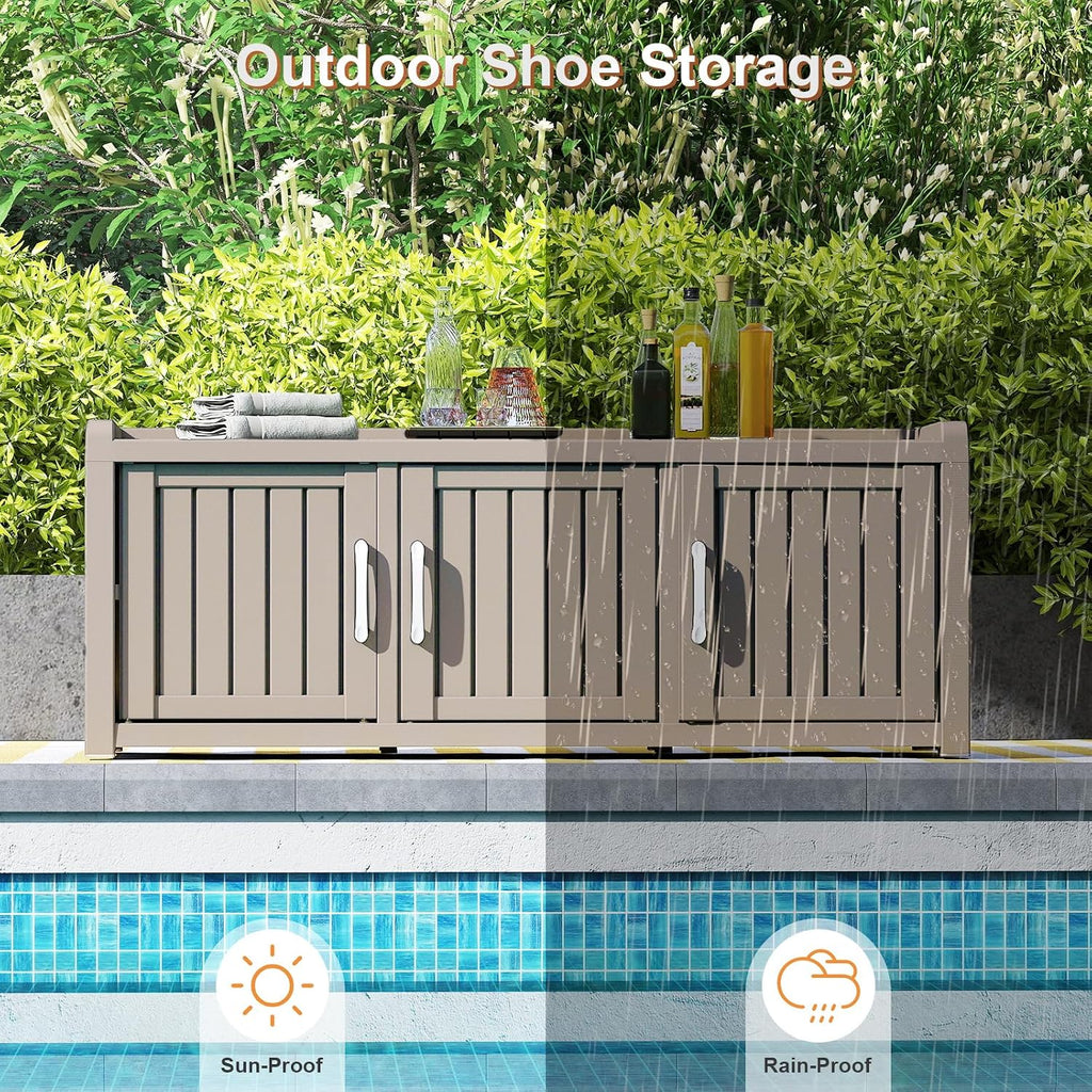 Rovibek Indoor Outdoor Shoe Storage Cabinet for Entryway - Outdoor Shoe Storage Bench Weatherproof with 3 Barn Doors, Waterproof Cabinet for Outside, Porch, Patio, Foyer, Hallway, Grey