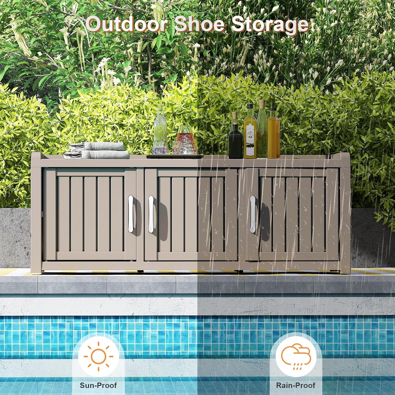 Rovibek Indoor Outdoor Shoe Storage Cabinet for Entryway - Outdoor Shoe Storage Bench Weatherproof with 3 Barn Doors, Waterproof Cabinet for Outside, Porch, Patio, Foyer, Hallway, Grey