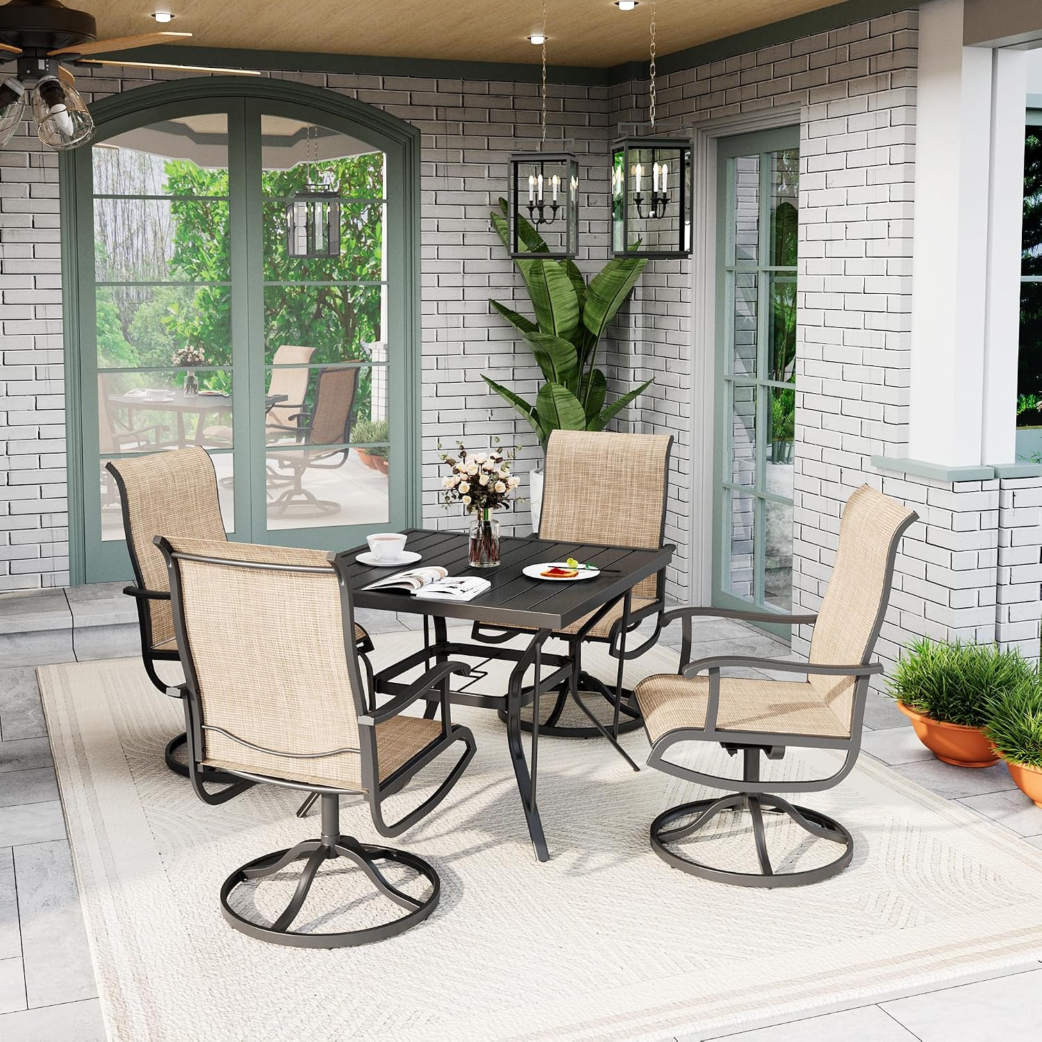 5-Piece Outdoor Dining Set, Patio Furniture Set with Textilene Swivel Chairs, Outdoor Table & 4 Chairs for Garden, Backyard, Poolside, Deck, Beige
