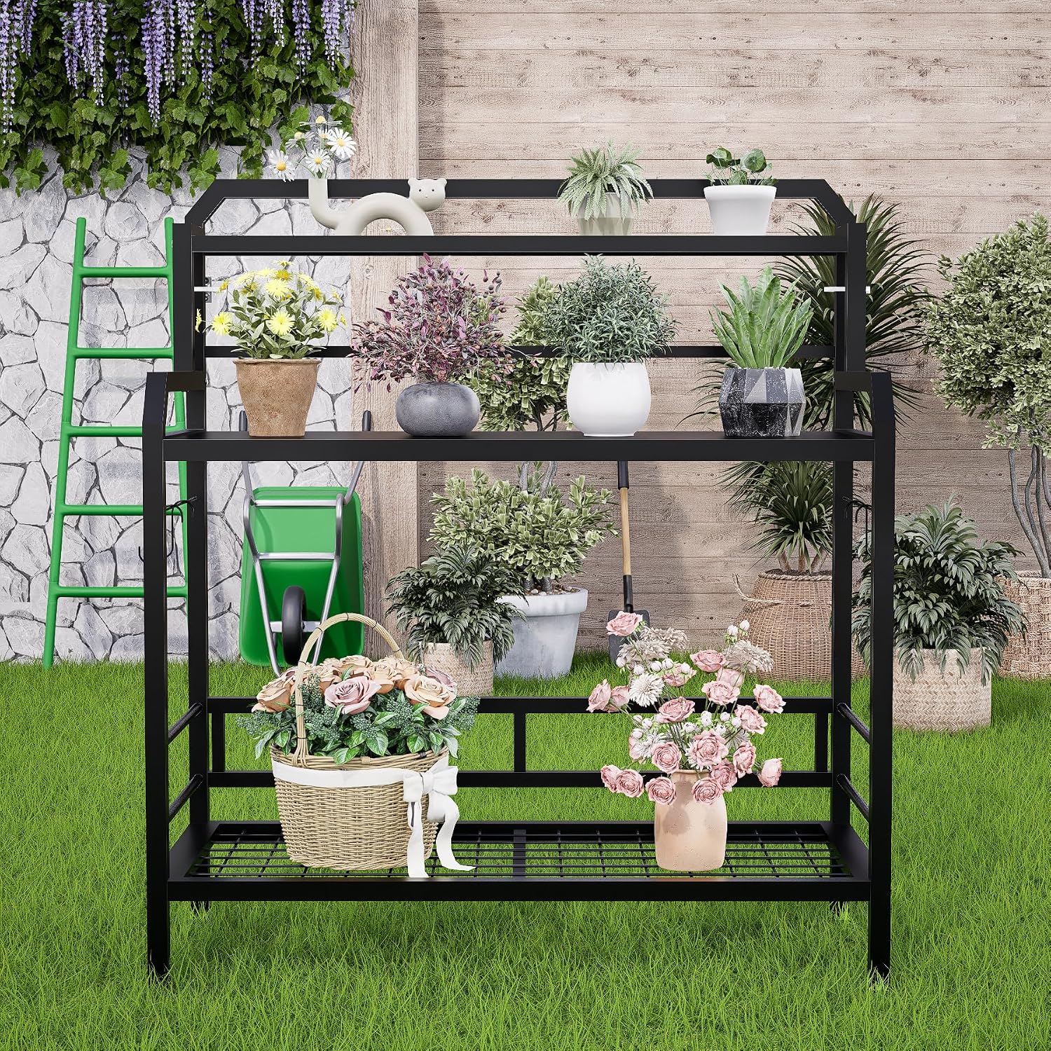Outdoor Metal Potting Bench Table with Storage,3-Tier Heavy Duty Garden Workbench,All-Weather Gardening Table with 4 Side Hooks,18' D x 39' W x 32' - 47' H,Black