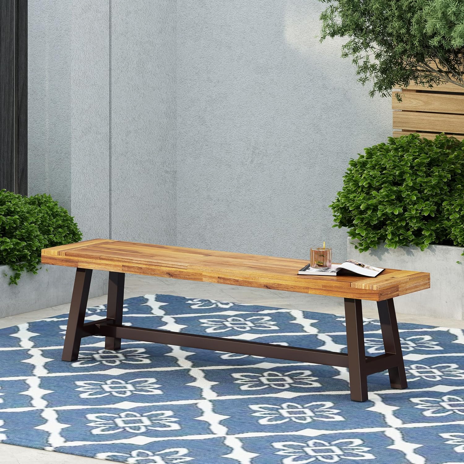 Christopher Knight Home Carlisle Outdoor Acacia Wood and Rustic Metal Bench, Sandblast Finish / Rustic Metal 14. 75 x 63 x 17. 50 inches