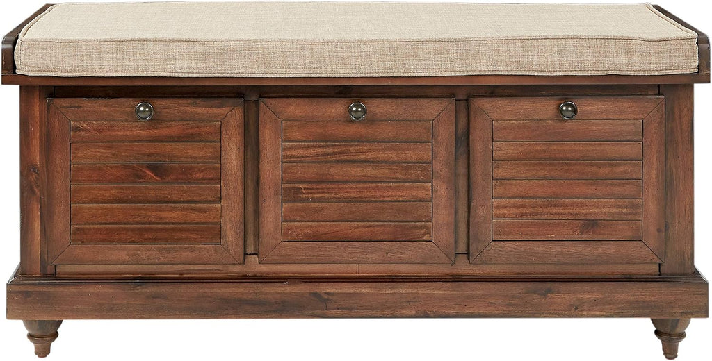 OSP Home Furnishings Dover Coastal Lift-Top Storage Bench with Shutter Face Styling, Distressed Brown Finish with Beige Linen Fabric Cushion