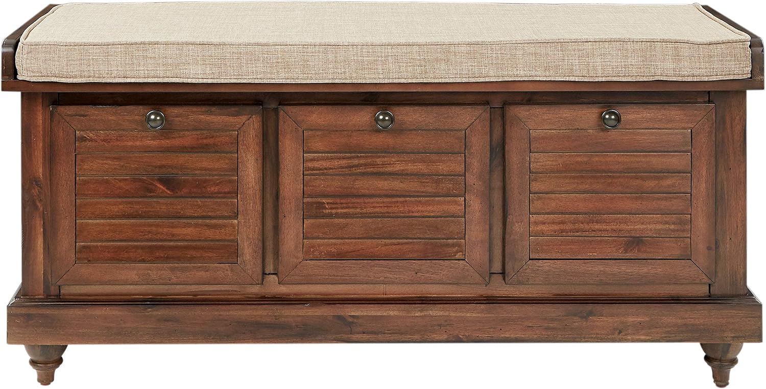 OSP Home Furnishings Dover Coastal Lift-Top Storage Bench with Shutter Face Styling, Distressed Brown Finish with Beige Linen Fabric Cushion