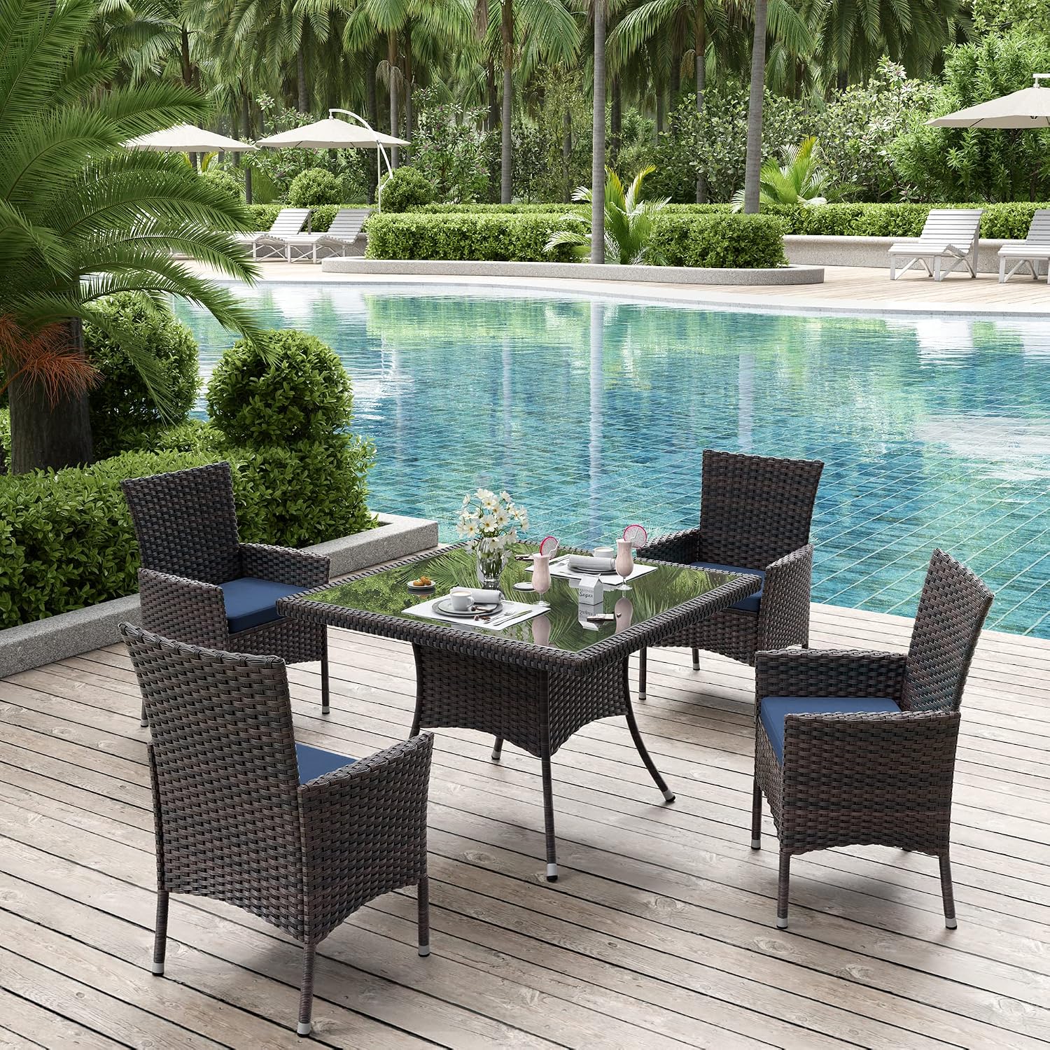 ALAULM 5 Piece Patio Dining Set All-Weather Wicker Outdoor Furniture Set w/Tempered Glass Tabletop, Removable Cushions and Umbrella Hole for Patio, Backyard, Garden, Poolside（Navy）