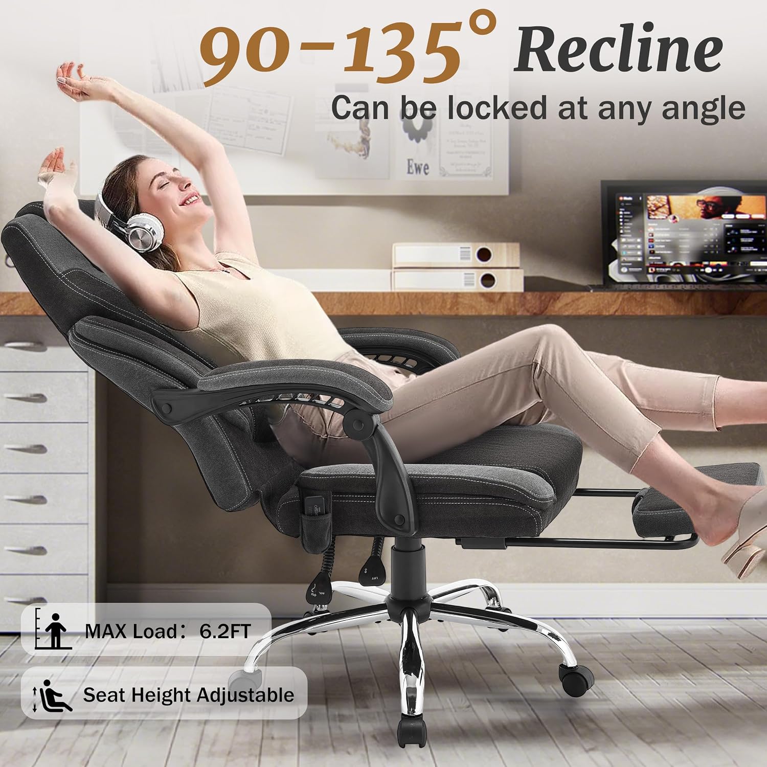 Massage Office Chair with Foot Rest,6-Point Vibration & Heat Reclining Computer Chair,Big and Tall Fabric Office Chair for Heavy People,Ergonomic Executive Desk Chair,Thick Cushion,High Back,BlackGrey