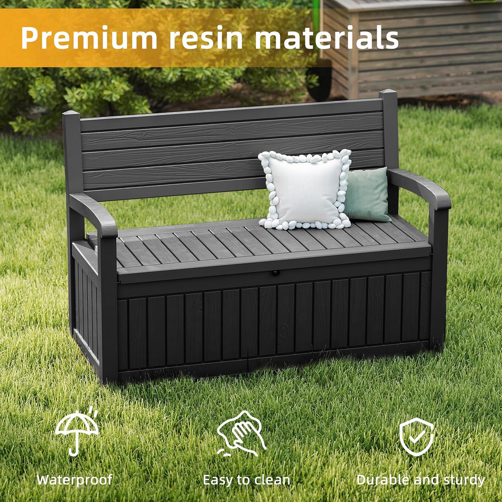ROJIK 80 Gallon Storage Bench Deck Box Outdoor with Armrests,Wood Grain Style Resin Storage Furniture Waterproof Lockable for Porch Patio and Garden,Sturdy and Durable, Black