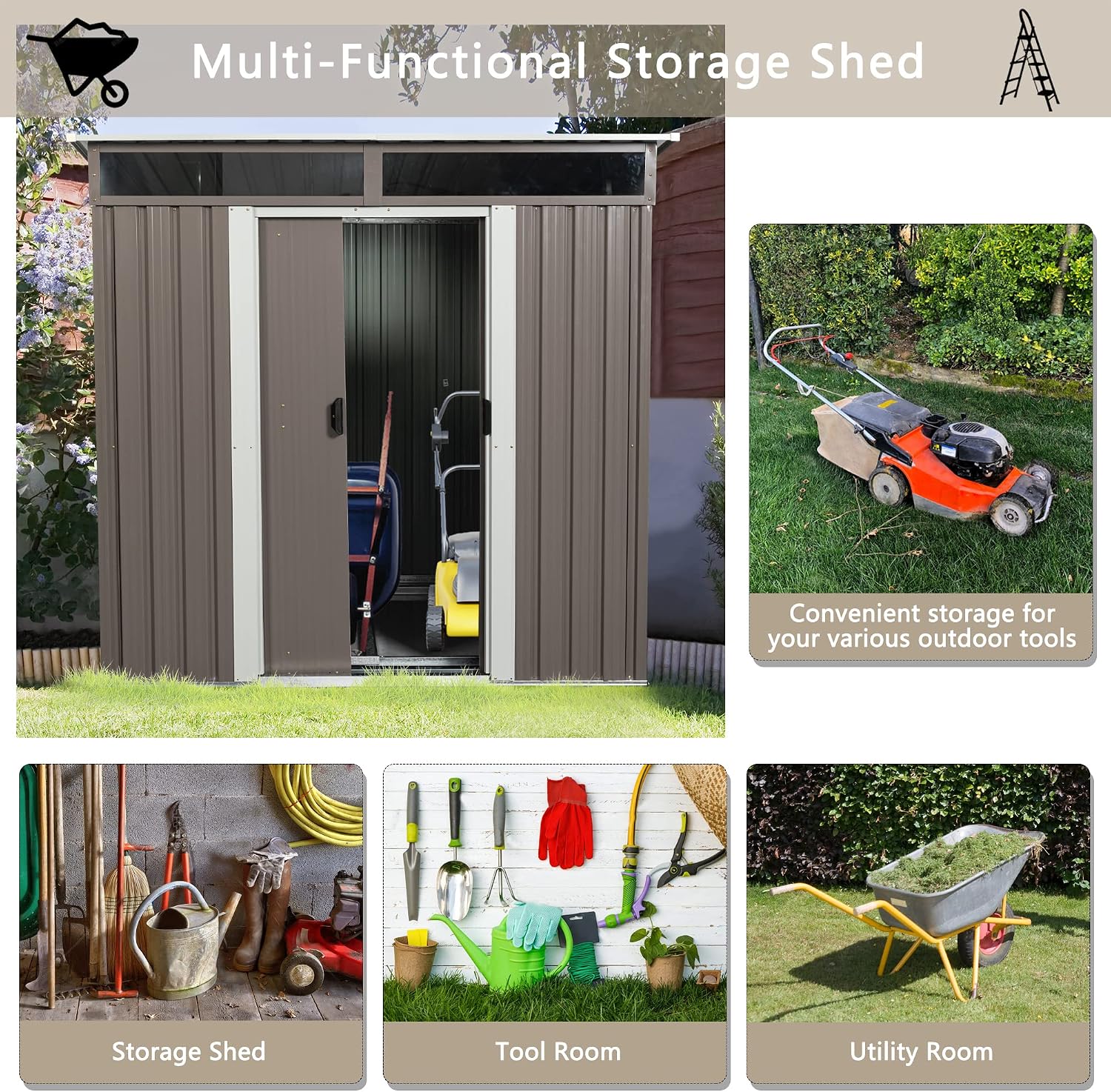 6ft X4.5ft Outdoor Storage Shed with Metal Foundation and Sliding Doors, Waterproof Tool Storage Shed for Patio Lawn Backyard (Gray- 6ft x 4.5ft)