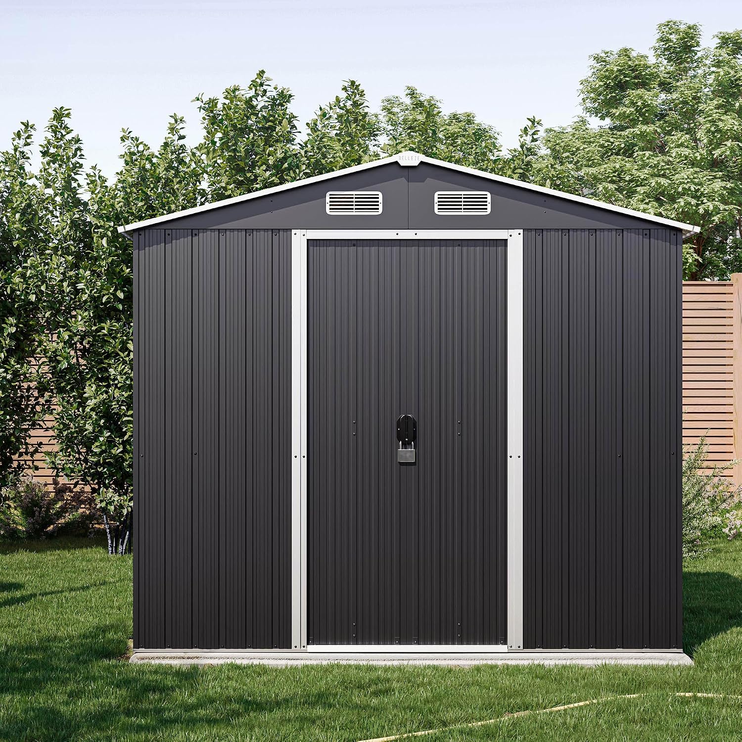 BELLEZE 8 x 6 FT Weatherproof Garden Storage Shed, Reinforced Outdoor Metal Shed with Air Vent and Lockable Door, Storage Shed for Store Bike, Tools, Lawnmower, Outdoor Chairs in Backyard, Patio