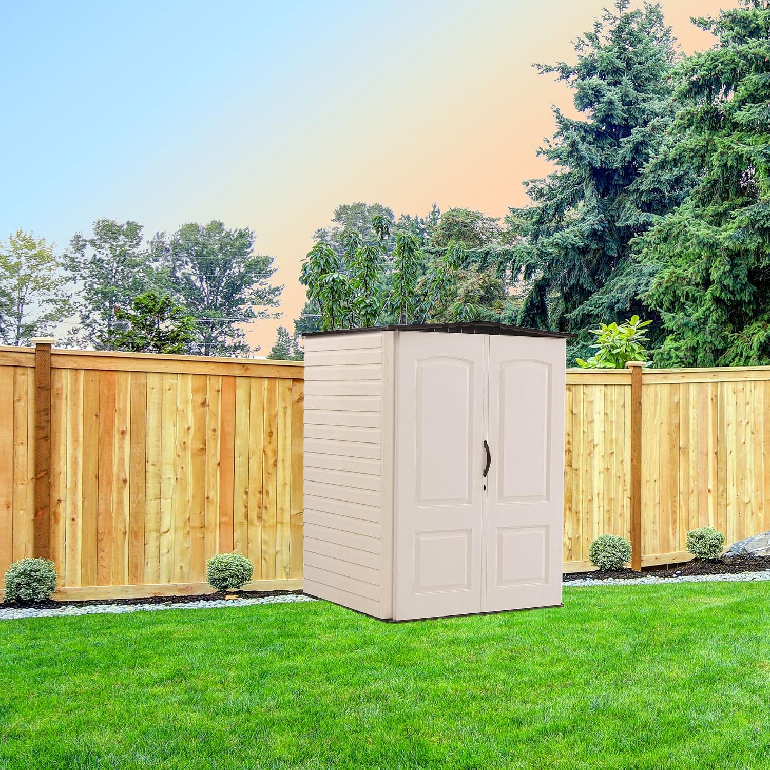 Rubbermaid Medium Vertical Resin Outdoor Storage Shed With Floor (4.3 x 4.6 Ft), Weather Resistant, Beige/Brown, Organization for Home/Backyard/Garden Tools/Lawn Mower/Bike Storage/Pool Supplies