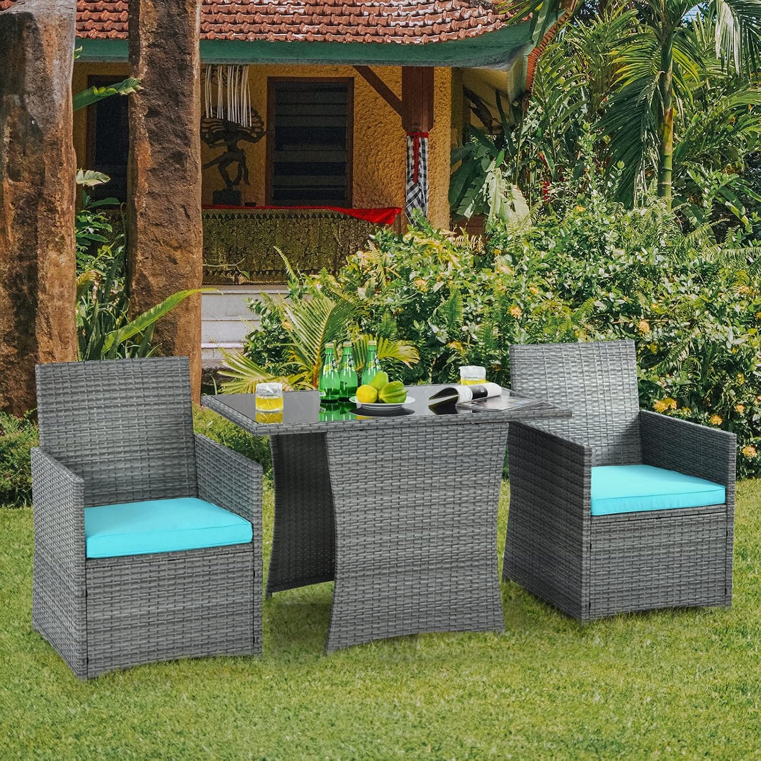HAPPYGRILL 3 Piece Patio Furniture Set, Outdoor PE Rattan Wicker Bistro Set with Washable Cushions & Tempered Glass Table, for Backyard Porch Garden Balcony Poolside