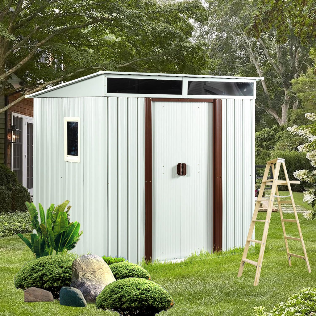 JT 6X4.5FT Outdoor Storage Shed, Galvanized Metal Garden Shed with Window and Metal Foundation, Tool Storage Shed for Patio Lawn Backyard (White-with The window-6ftx4.5ft)