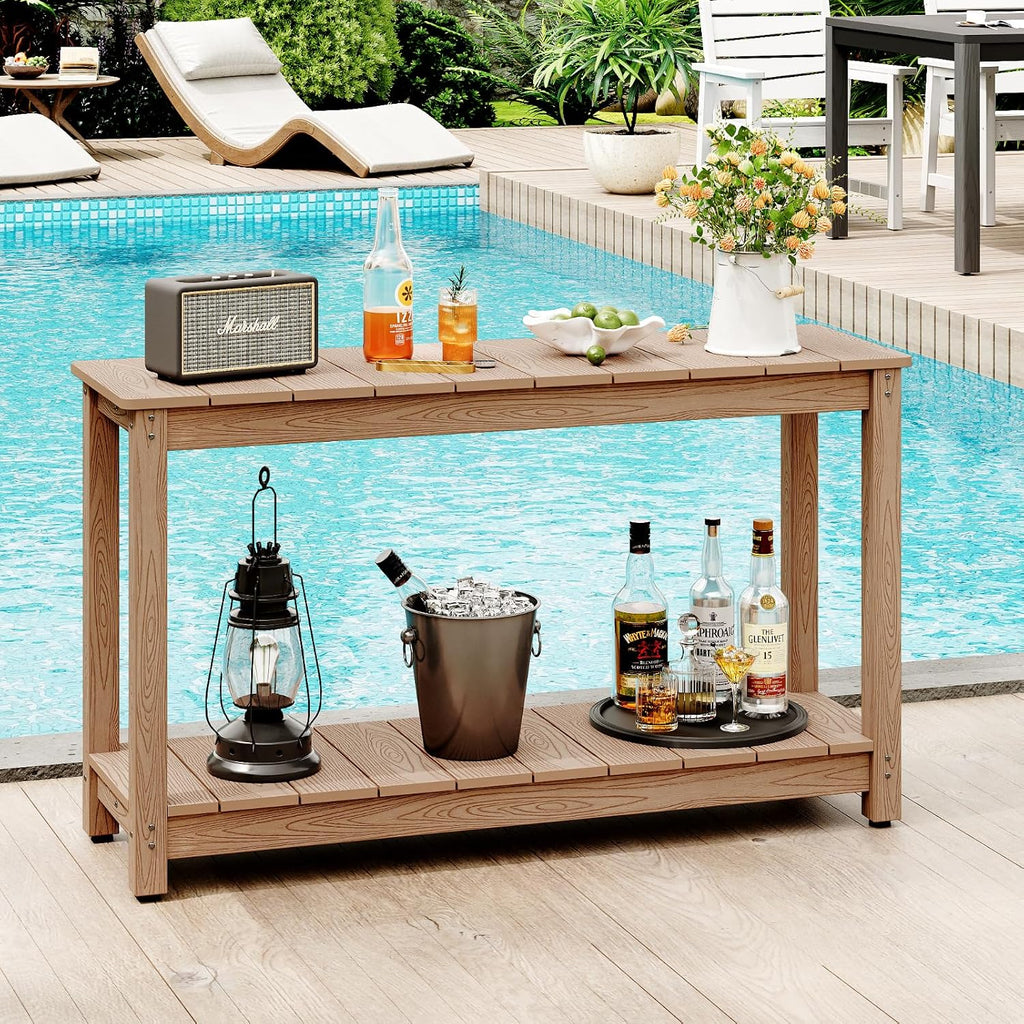 Outdoor Console Table, 48' Weather Resistant HIPS Patio Side Table, 440LBS Weight Capacity, 2-Tier Multifunctional Buffet Bar Storage Organizer for Garden Deck, Teak