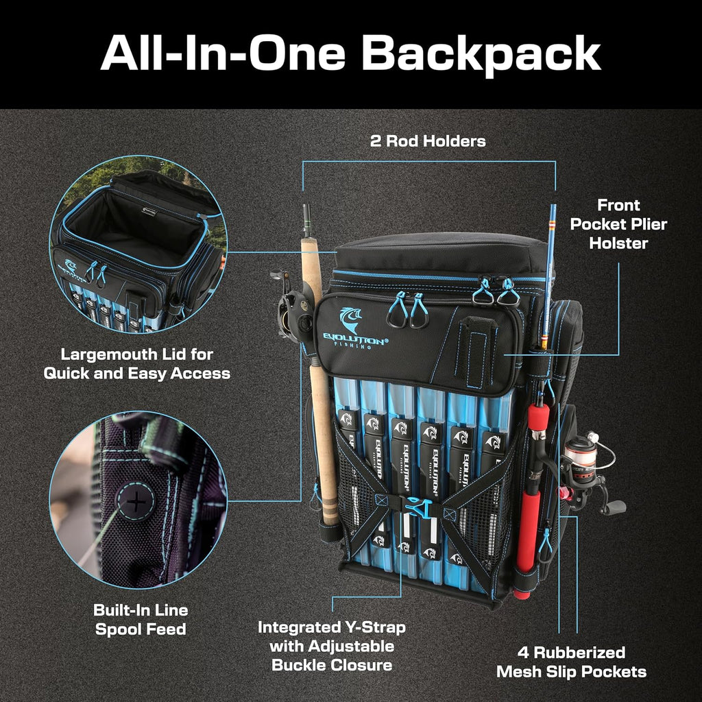 Evolution Fishing Drift Series Tackle Backpack, Outdoor Rucksack w/ 6 Fishing Tackle Trays, Heavy Duty