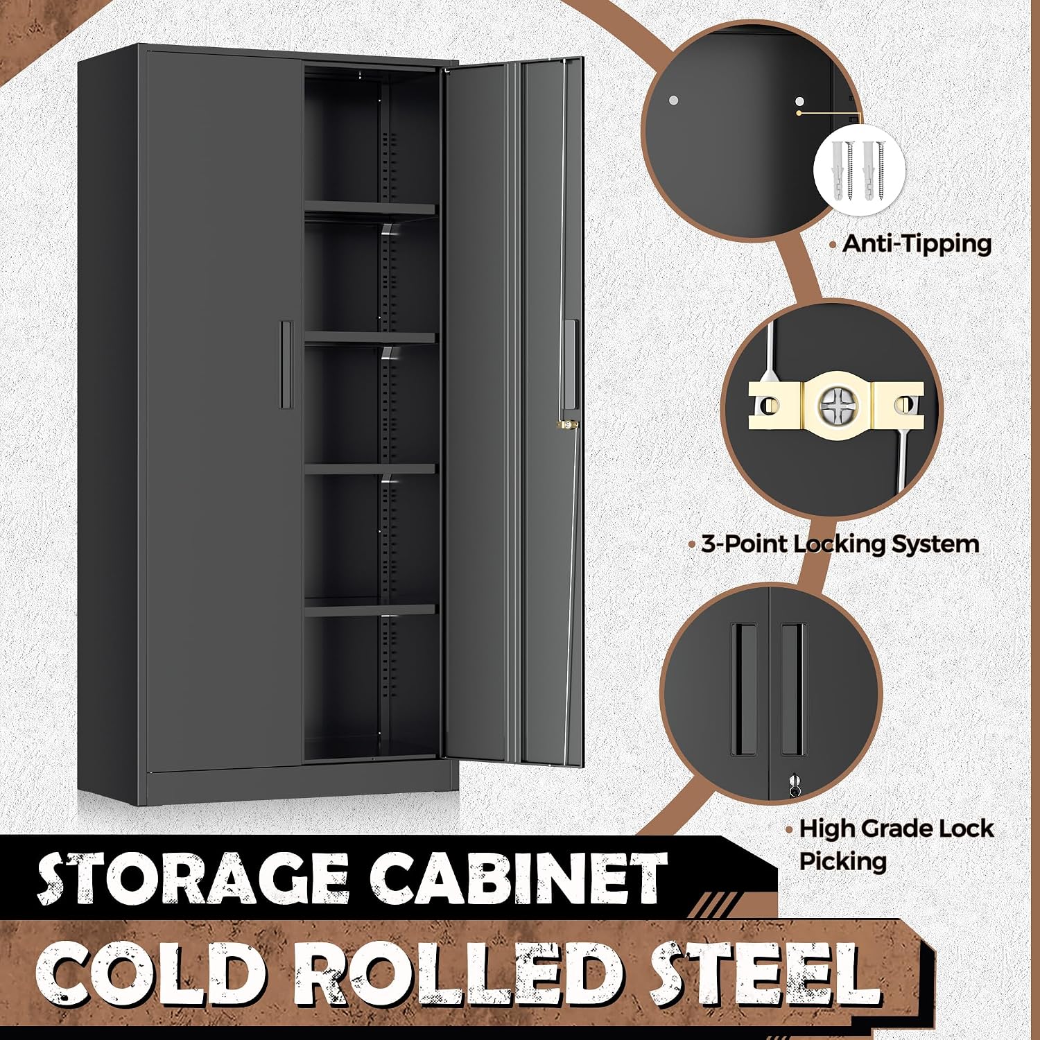 INTERGREAT Metal Storage Cabinet, 72' H Storage Cabinet with 2 Doors and 4 Adjustable Shelves for Office, Home, Garage, Pantry (Assembly Required, Black)