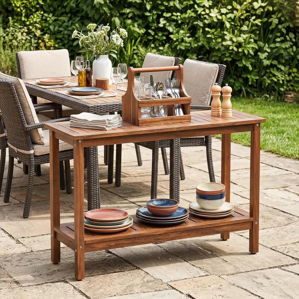 SUPER DEAL 2-Tier Solid Wood Side Table, Outdoor Console Table with Storage Shelf, Adjustable Feet Buffet Bar Organizer for Patio Porch, All-Weather Natural