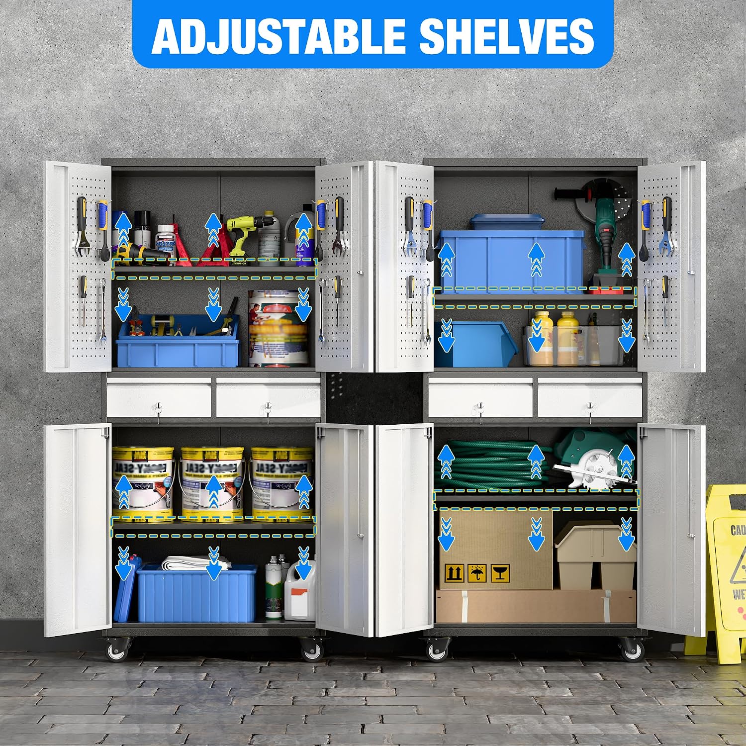 71''H Metal Storage Cabinet with Wheels & Pegboard,Rolling Lockable Tool Cabinet with Adjustable Shelves & 2 Drawer for Garage,Offices,Homes,Pantries Assembly Required