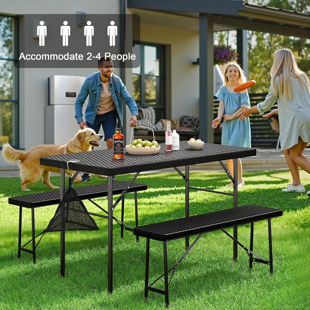VECELO 3 Piece Folding Picnic Table with 2 Benches, 47.2' Faux Rattan Patio Set with Mesh Bag, Heat-Resistant & Waterproof, for Indoor Outdoor Use, Black