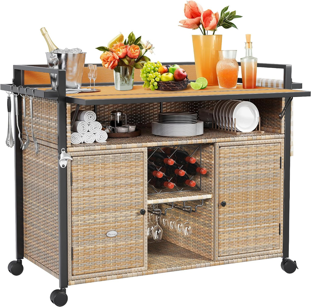 YITAHOME XL Outdoor Kitchen Wicker Island Rolling Cart Bar Table & Storage Cabinet, Wheels and Plastic Wood Extended Table Top, Double Handle for Patio Kitchen or Bar Cart,Light Yellow Gradient
