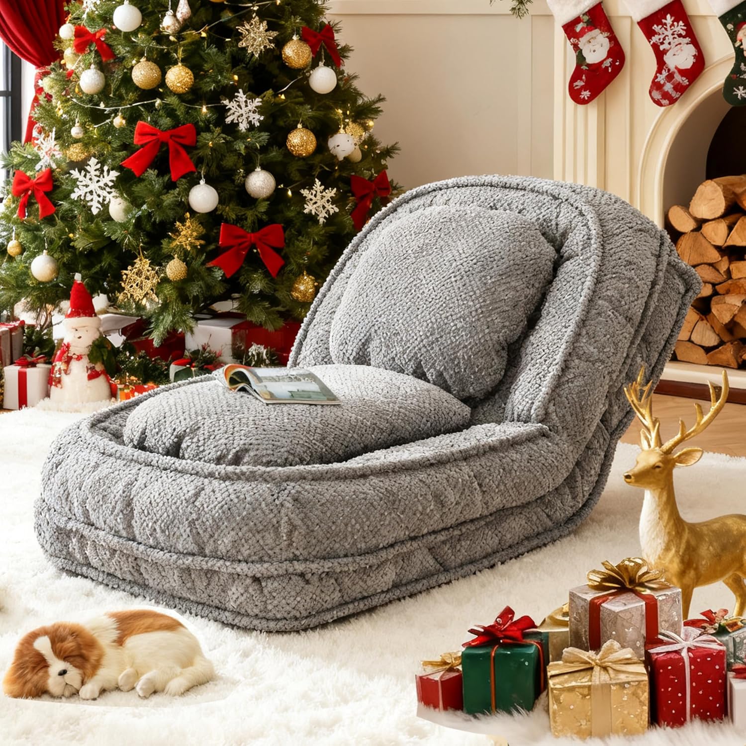 Floor Chair with Back Support, Folding Sofa Chair with 5 Adjustable Position, Plush Floor Gaming Chair, Meditation Chair for Lazy Boys, Human Dog Bed for Living Room, Lounge, Bedroom, Grey