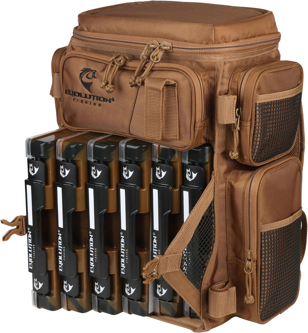 Evolution Fishing Drift Series Tackle Backpack, Outdoor Rucksack w/ 6 Fishing Tackle Trays, Heavy Duty