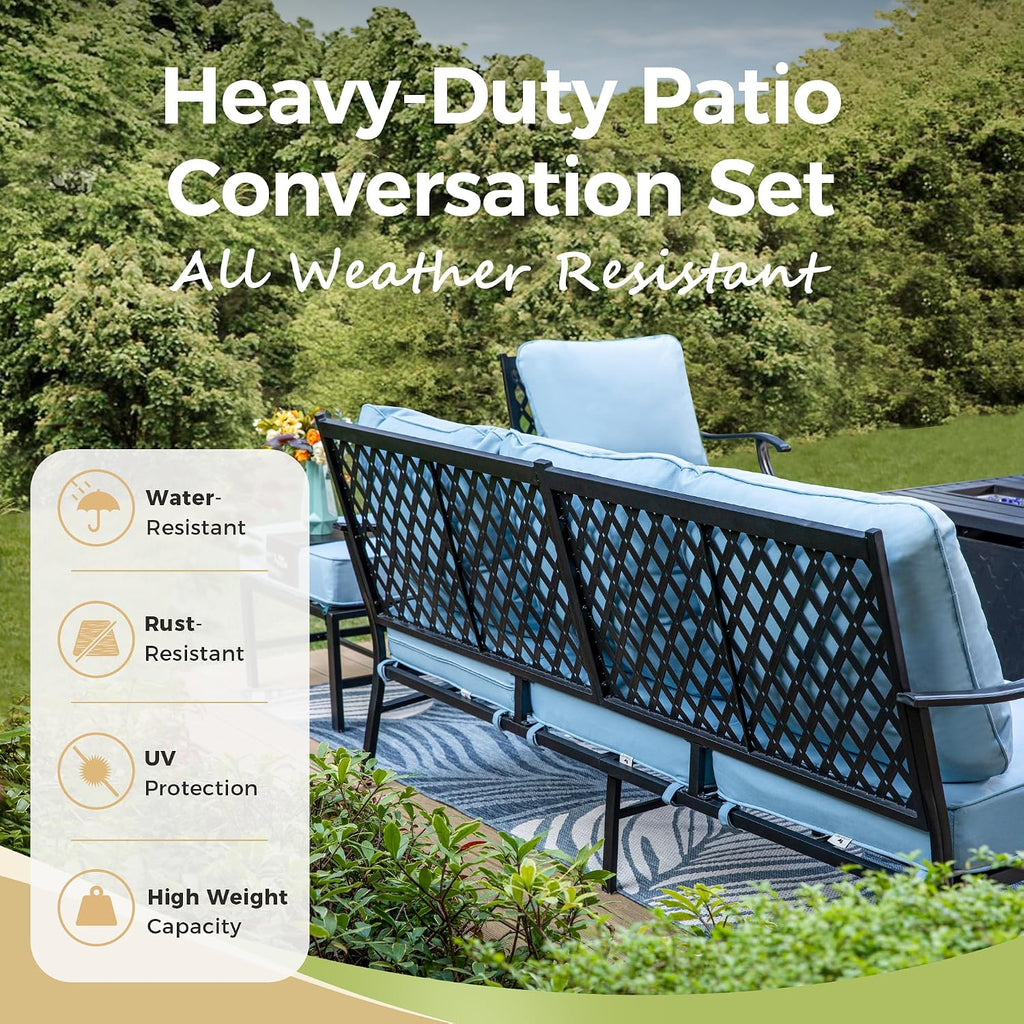 MIXPATIO Patio Furniture Set, 6 Pcs Metal Outdoor Conversation Set, 2 Swivel Chairs, 2 Ottomans and 3 Seater Sofa with 5.75' Extra Thick Cushion and Gas Fire Pit Table, Blue