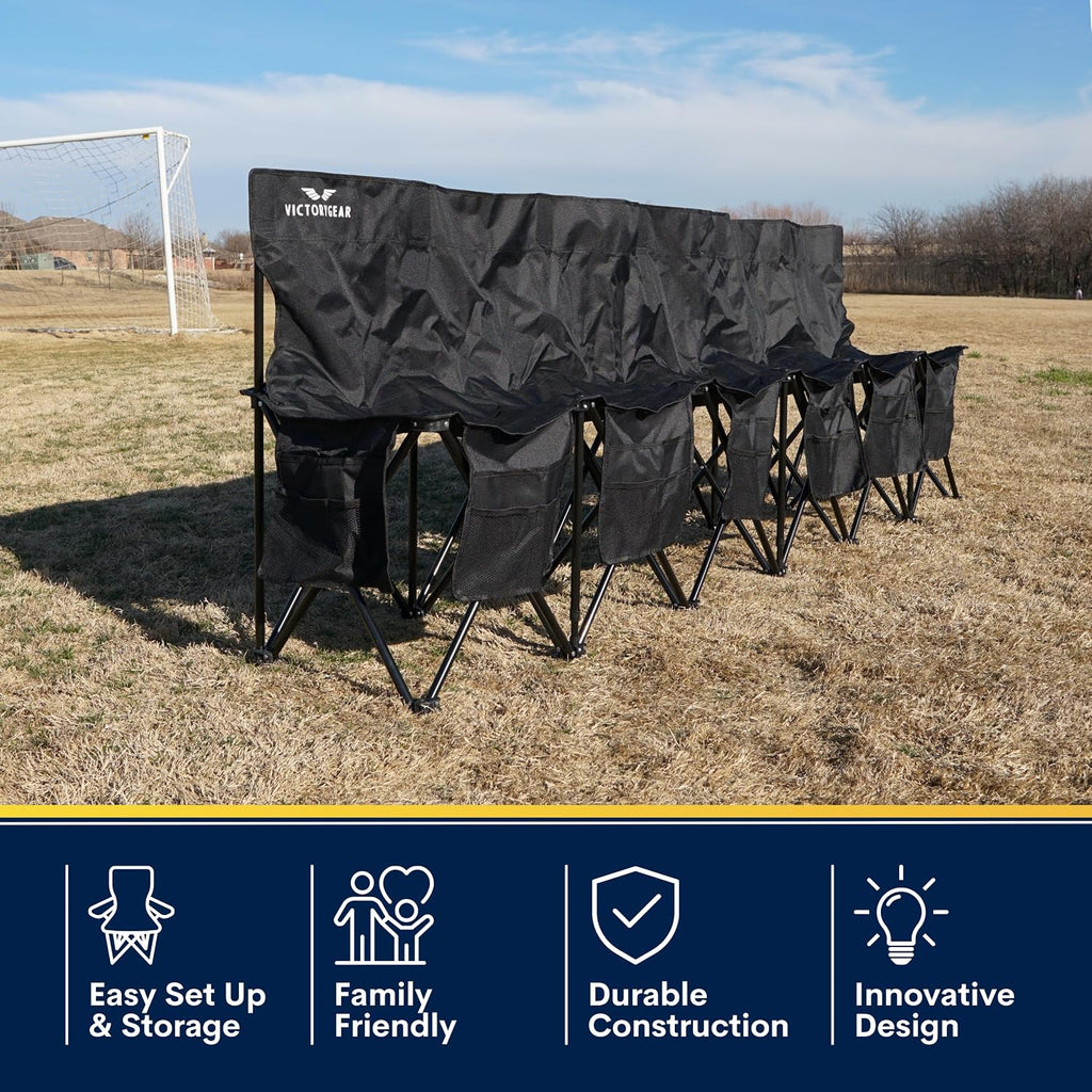 VictoryGear Portable Soccer Bench – 6 Seat Folding Team Chair with 8 Pockets & Carrying Bag – Lightweight Sideline Seating for Soccer, Baseball, Camping, Outdoor Events